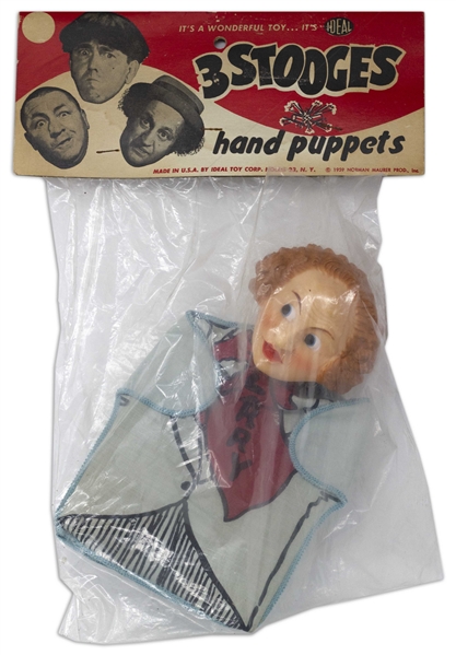 Three Stooges Hand Puppet From 1959 of Larry in Original Ideal Packaging -- 1.5'' Tear to Plastic, Overall Very Good to Near Fine Condition